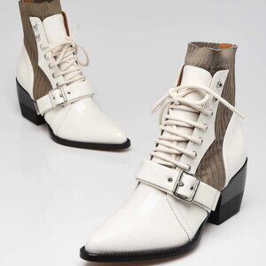 Chloe White Leather Green Knit Lace Up Rylee Ankle Boots Size 9.5/40